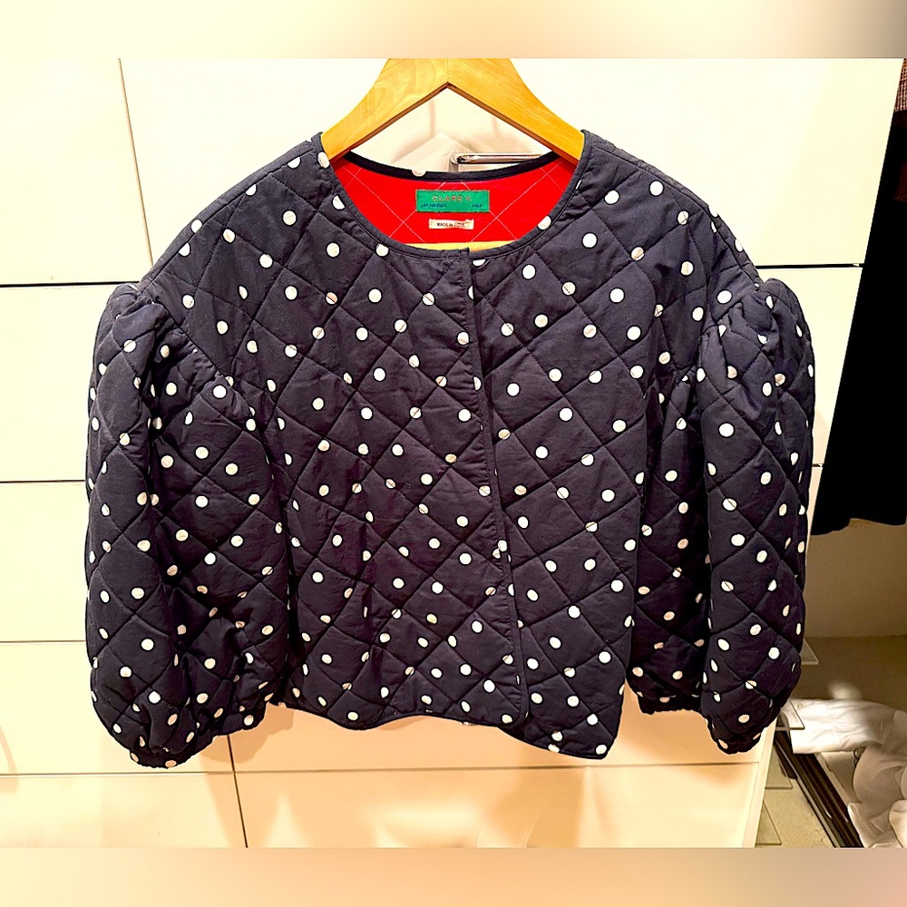 Clare Vivier CLAREV Navy Polka Dot Quilted Jacket with Red Lining